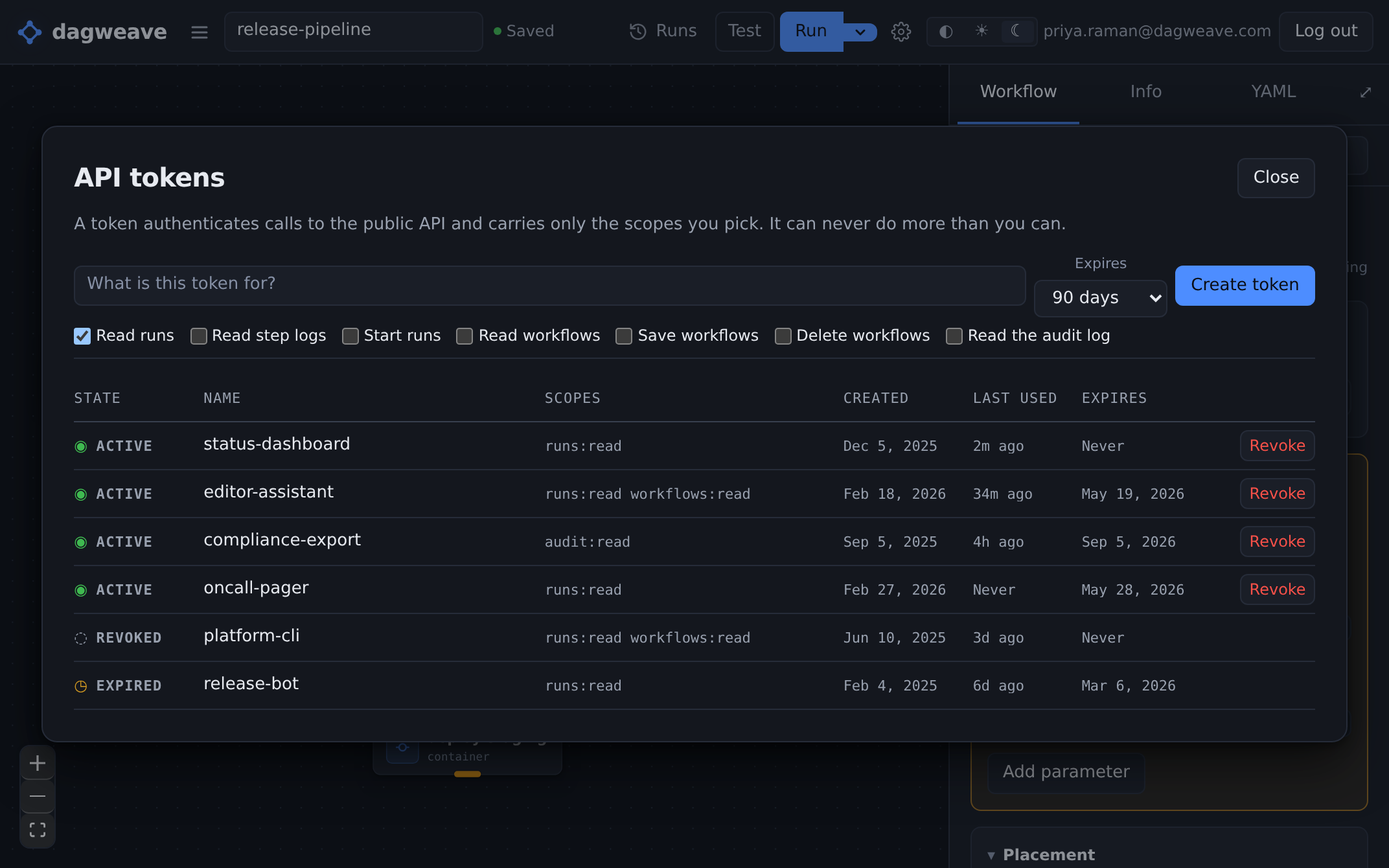 Six API tokens, each with its own scopes, including one revoked and one expired.