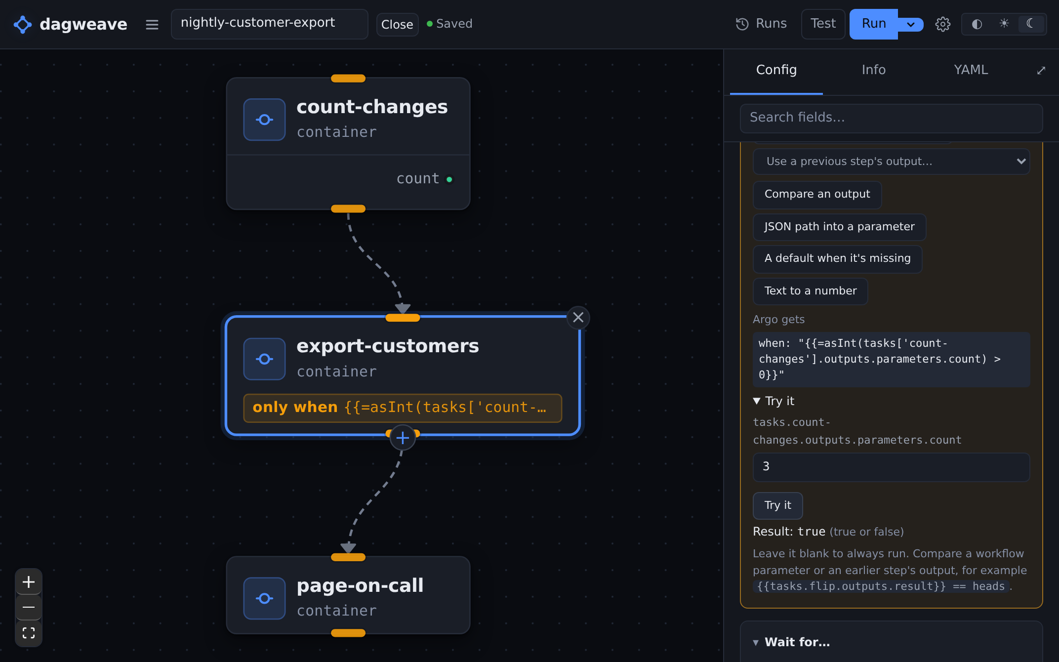 A condition on export-customers tried with count set to 3, showing Result: true and the when line Argo gets.
