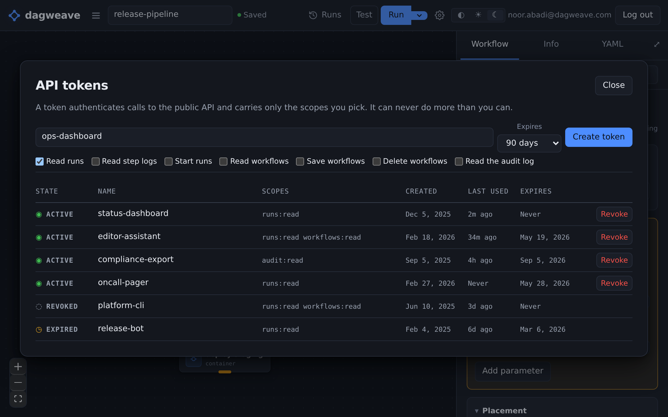 Creating an API token for a status dashboard, with only Read runs ticked and a 90-day expiry. Existing tokens are listed below.