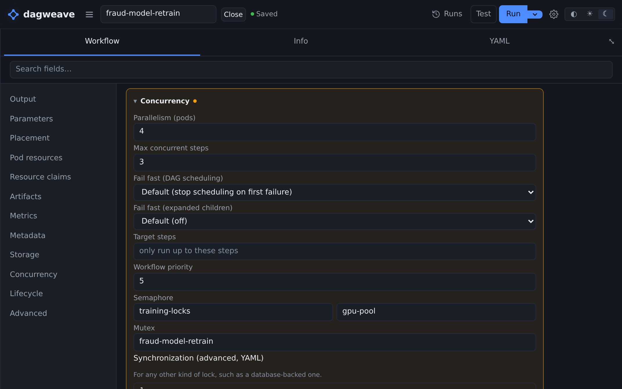 A workflow's concurrency settings: parallelism, task limits, priority, a semaphore and a mutex.