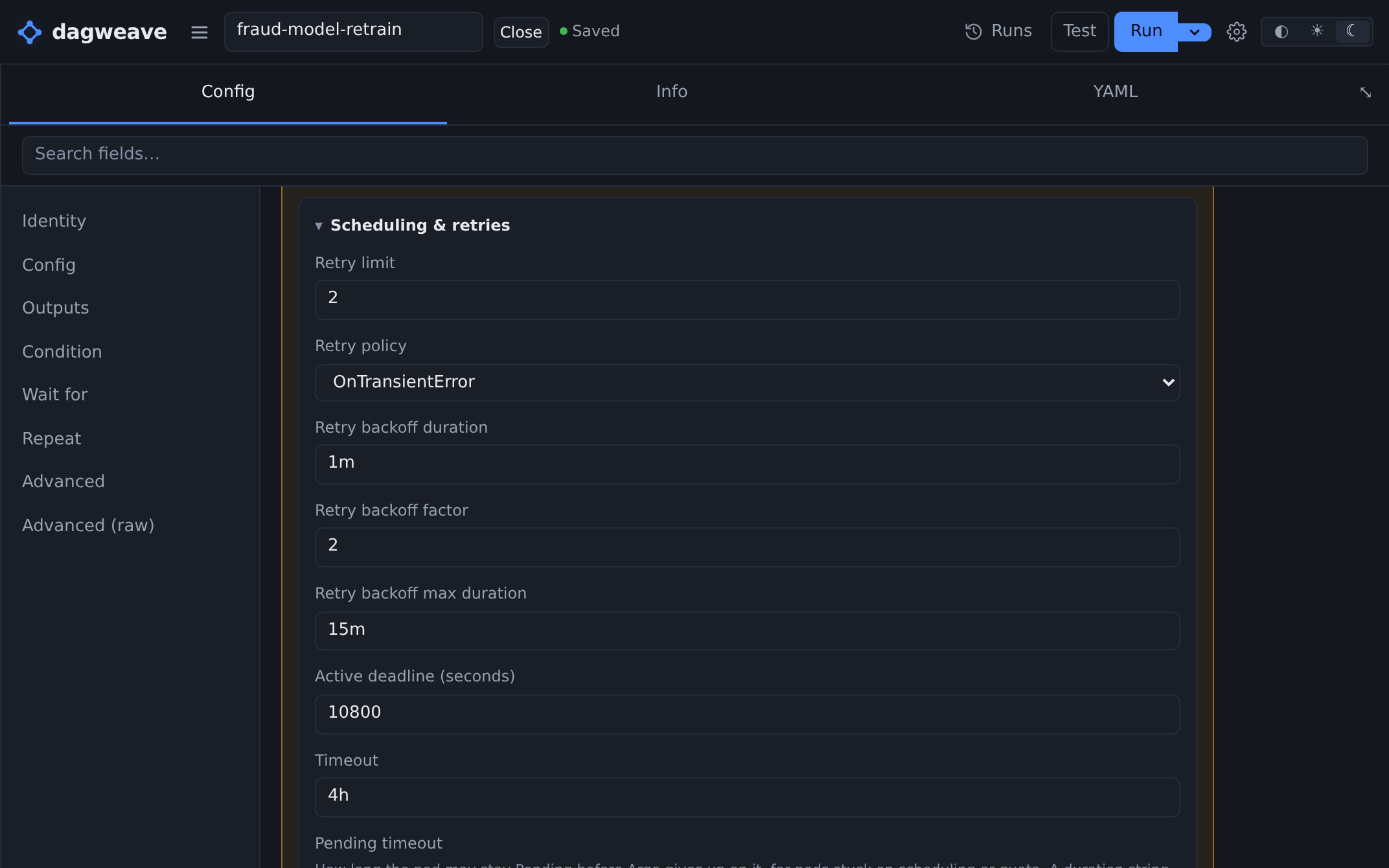 A step's inspector: retry limit, retry policy, backoff, active deadline and timeout, all as form fields.