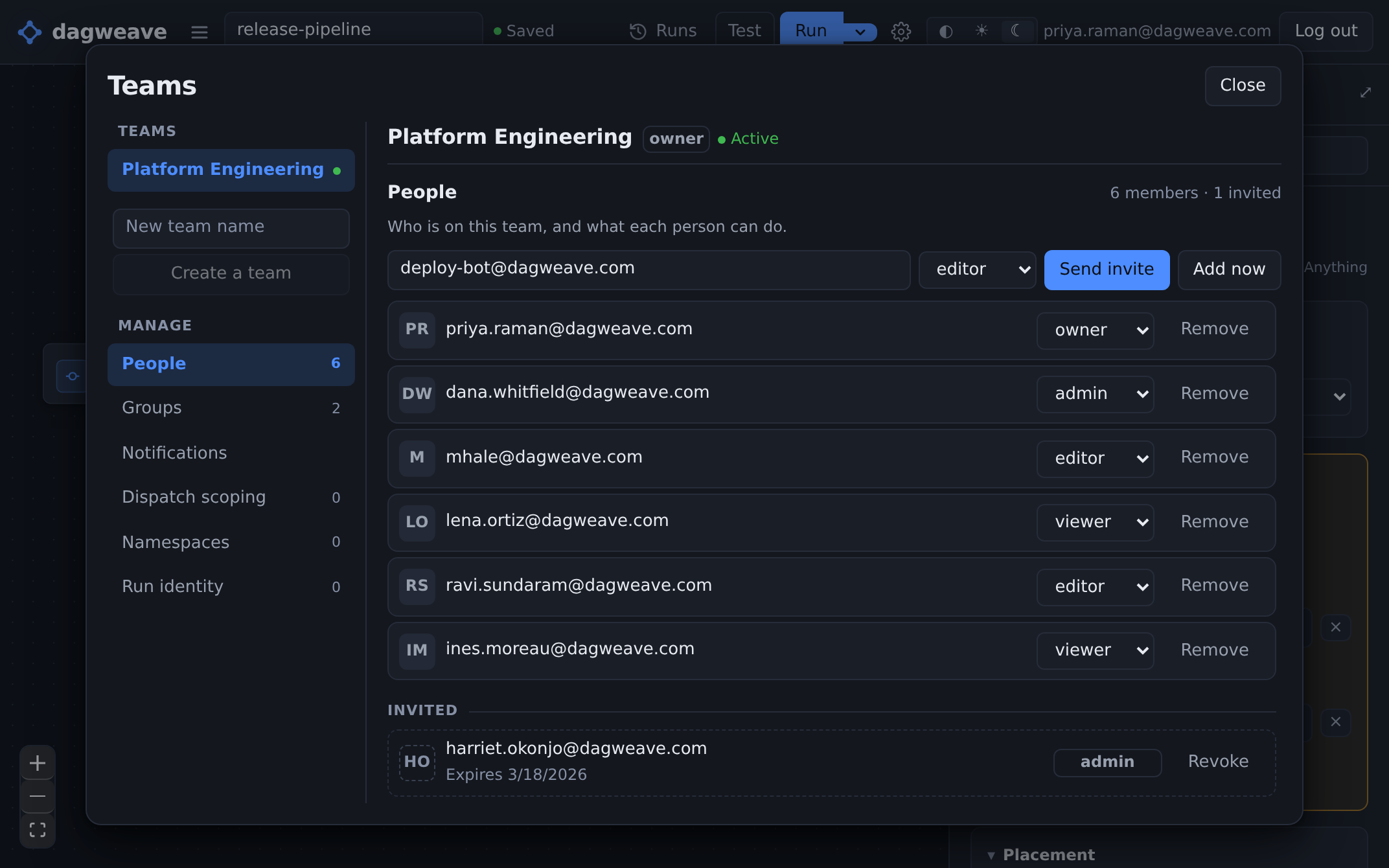 A team's People settings: invite someone, set roles and remove members.